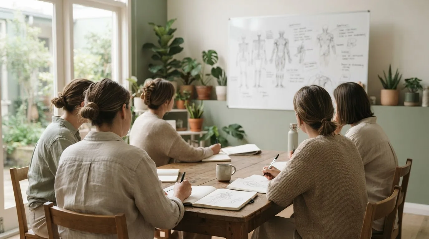 Illustration générée par IA : petit groupe en formation dans une salle lumineuse, carnets ouverts, schéma anatomique au tableau