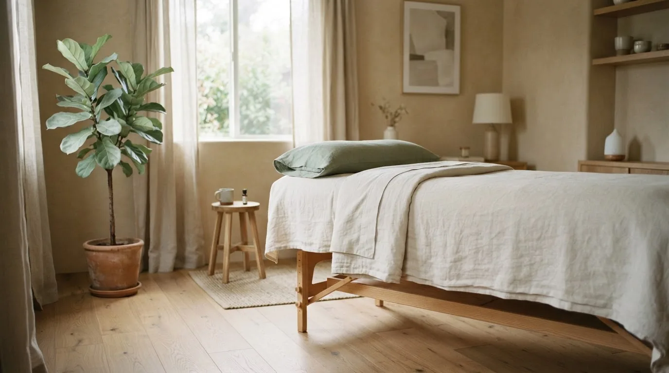 Illustration générée par IA : salle de pratique calme, table recouverte de lin, plante verte, lumière naturelle